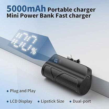 Portable Charger 5000mAh Dual USB C and iOS-Type Connector, Ultra-Compact 20W PD Fast Charging Power Bank for Phone 17/16/15/14/13 Plus,Pro Max, Pad, Samsung Galaxy S25 S24 S23 Android (Black)