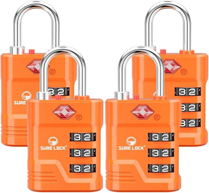 SURE LOCK TSA Locks for Luggage, TSA Approved Luggage Locks with Open Alert, 008 Key for High Security, Easy Read Dials, Zinc Alloy Body, Locker Lock for Suitcase, Gym, Travel. (Orange 4 pk)