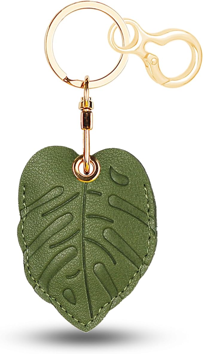 Leather Keychain for Airtag, Cute Protective Keychain Holder Compatible with Apple Air Tag,GPS Item Tracker Case Cover for Keys,Bags,Pets,Luggage(Leaf)
