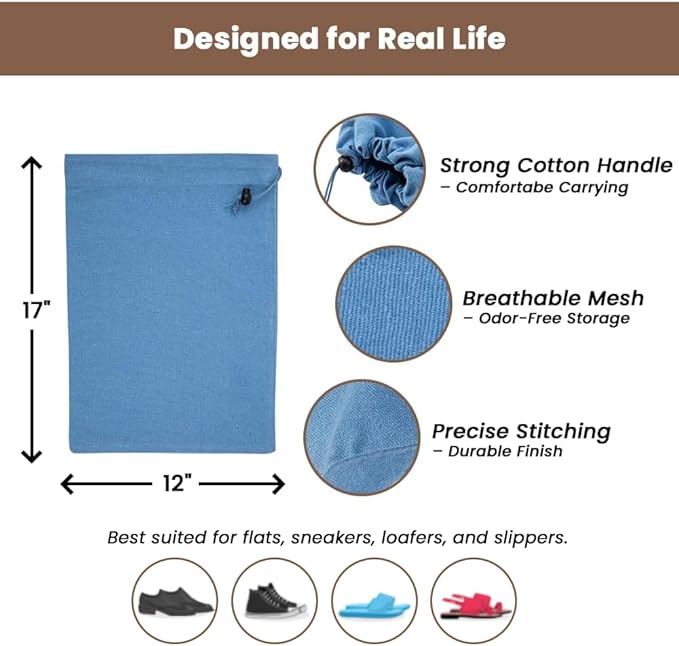 LFH Cotton Rich Shoe Storage Bags with Drawstring, Breathable Reusable Organizer, Perfect For Travel, Dorm, Hotel, College, Gym, Easy to Carry, Machine Washable 12"x17" (Pack of 2) - Sky Blue