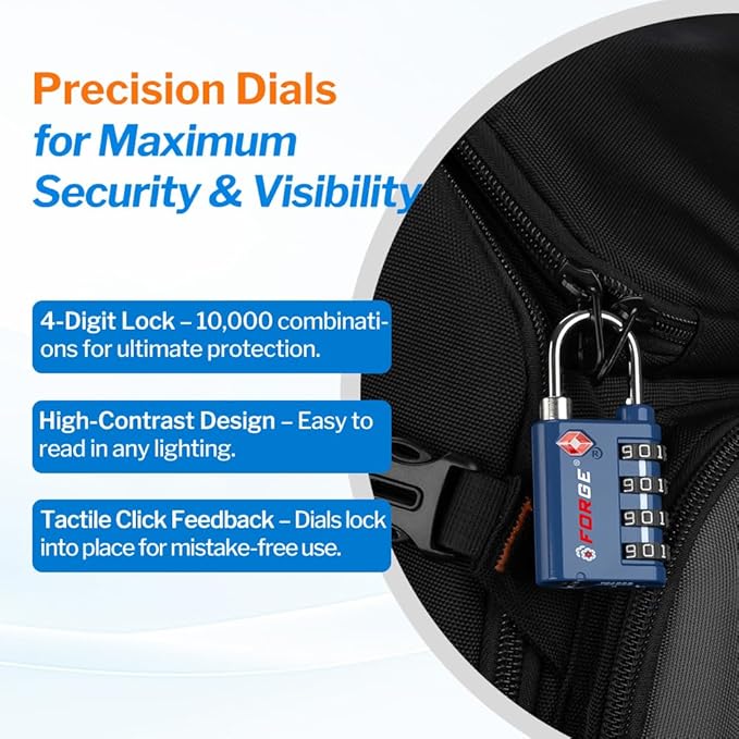 Forge Dual-Opening: Key or Combination Lock, TSA Approved Lock for Luggage, Pelican case, Travel, Gym, School, Luggage Combination Lock, Travel Bag Lock (Blue 2 Pk)