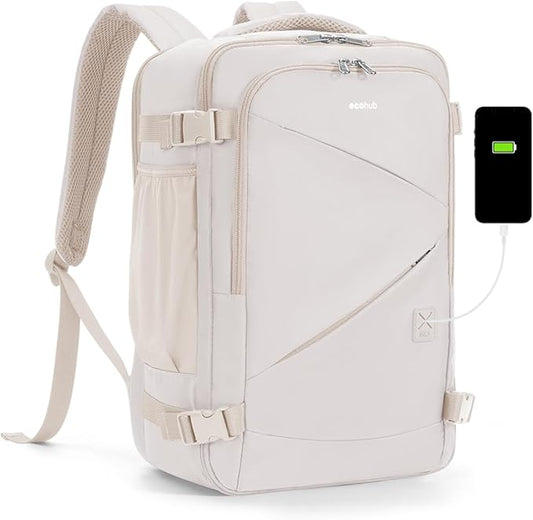 ECOHUB 17" Small Unisex Travel Backpack United Airlines Approved 17x10x9 Friendly Suitcase Anti-Theft Lockable Zippers Style Personal Item Bag Travel Essentials with 12 Pockets Water Resistant, White