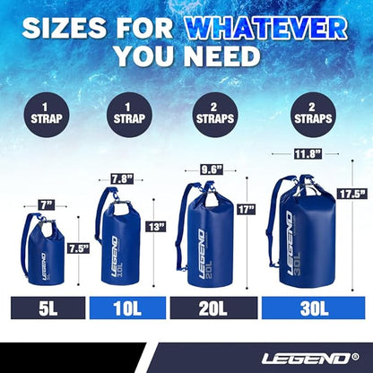 Legend UltraSEA Waterproof Dry Bag 5L/10L/20L/30L - Drybag Waterproof Bag for Kayaking, Swimming & Travel, Roll Top Floating Dry Bag, Lightweight Dry Sack for Boating, Rafting and Beach - 10L Blue