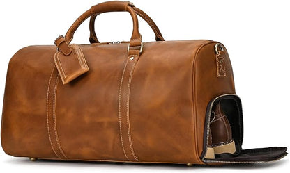 Full-grain Leather Travel Bag Large Capacity Duffel Luggage Bag with Shoe Compartment for Men Shoulder Handbag for Weekend Holiday Business Trip, Light Brown