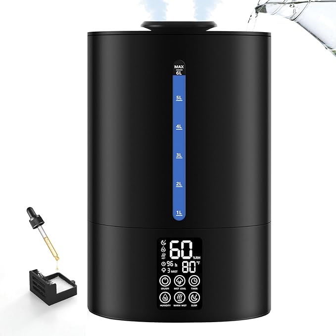 6L Humidifiers for Bedroom Large Room Home, Cool and Warm Humidifier for Plants Mist Top Fill Desk Humidifiers Essential Oil Diffuser, Quiet Humidifier with Adjustable Mist,360°Nozzle-Midnight Black