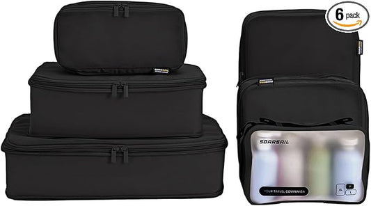 Compression Packing Cubes for Travel, 6-Piece Set (L/M/S), Double-Zip Luggage Organizers with Mesh Panels, Space-Saving Clothes Storage Bags for Suitcase & Carry-On (6 Pack, Jet Black)