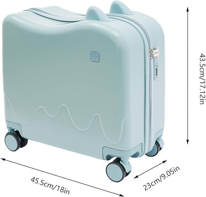 18" Ride-On Kids Suitcase with Double Spinner Wheels, Lightweight Tow-Along Luggage Carry-on Hardside Trolly Case with Password Lock, Rolling Children's Travel Luggage for Travel, School (Blue)