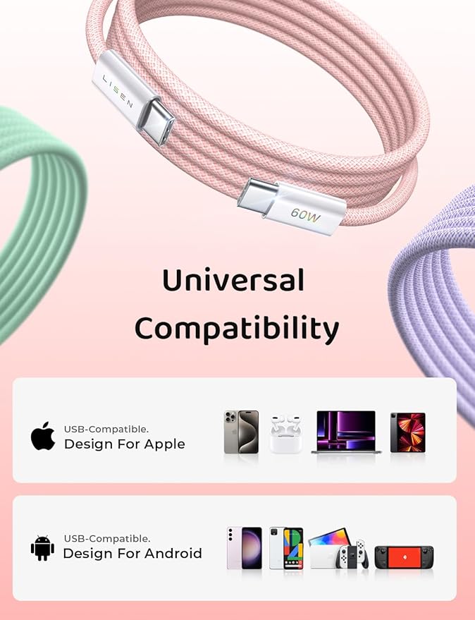 LISEN USB C Cable, 3-Pack [10/10/10FT] USBC to USBC Cable for iPhone 16e 15 Pro Max Charger Cord, 60W (3.1A) C to C Cable Fast Charging for Samsung S25/S24/23, Switch 2, iPad, MacBook