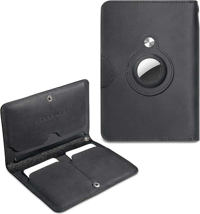 Leather Passport Holder for Travel - Passport Wallets with AirTag Slot, 5 Card Slots & Secure Button Closure, Durable Passport Cover for Men & Women - Crazy Horse Leather(5.9'' x 4.13'')