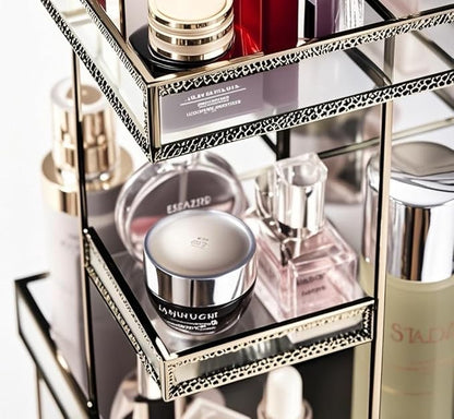Vintage Glow Antique 360 Degree Rotating Makeup Organizer,4-Tier Spinning Perfume Tray,Countertop Cosmetic Storage ,Glass Beauty Display,Retro Large Capacity Vanity Organizer for Brushes Skincare