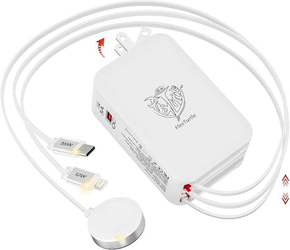 Retractable Apple Watch Charger, 5 in 1 Travel Charging Station for Apple Devices, Retractable Chargers for Multiple Devices with Multi Charging Cable, Charger Block for Apple Gear (White)