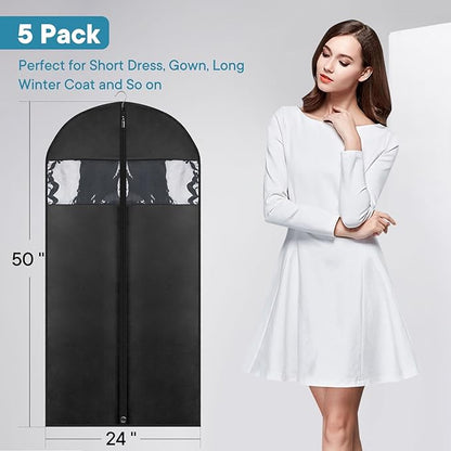 5 Pack - Moucas 50" Black Garment Bag, Mens Suit Bags for Closet Storage and Travel, Garment Bags for Hanging Clothes, Suit Cover Bags with Zipper for Coats, Dresses, Shirts