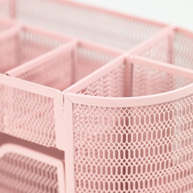 BLU MONACO Pink Desk Organizer | Strong Metal Desktop Organizer for Office Supplies | Light Pink Desk Accessories with 8 Compartments | Metal Mesh Stationery Holder for Home or Office