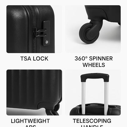 Karriage-Mate 20″ Hardside Carry-On Luggage – Lightweight & Durable Travel Suitcase with 360° Spinner Wheels, Telescopic Handle, Built in TSA Lock – Fits Cabin Size Overhead Bins (Black)