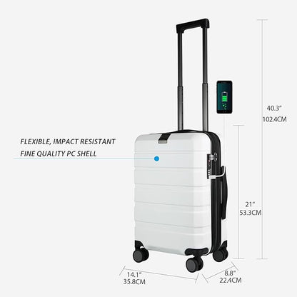 KROSER Hardside Expandable Carry On Luggage with Spinner Wheels & Built-in TSA Lock, Durable Suitcase Rolling Luggage with USB Port, Carry-On 20-Inch, White