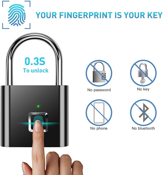 Fingerprint Padlock,AICase Ultra Light One Touch Open Fingerprint Lock with USB Charging for Gym, Sports, School Employee Locker,Fence, Suitcase,Bike No App, No Bluetooth，No Trouble