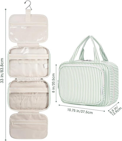 Narwey Striped Hanging Toiletry Bag for Women Travel Makeup Bag Organizer Toiletries Bag for Travel Size Essentials Accessories Cosmetics (Mint Green Stripe (Medium))