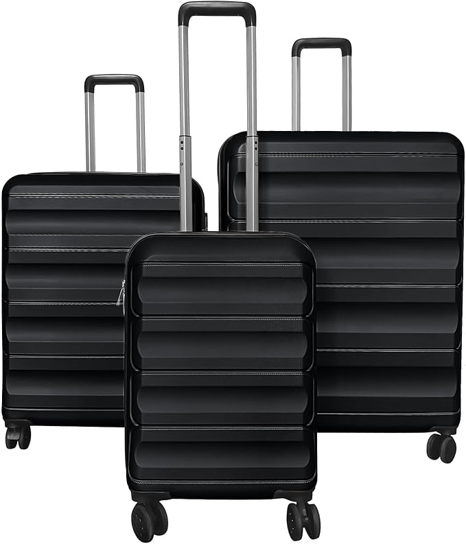 GYMAX Luggage Sets 3 Pieces Hardside Suitcase with Spinner Wheels & Lock, 20” Carry On, 24” & 28” Checked Luggage Set, Lightweight Portable for Travel, Business (Black,Wide Stripe)