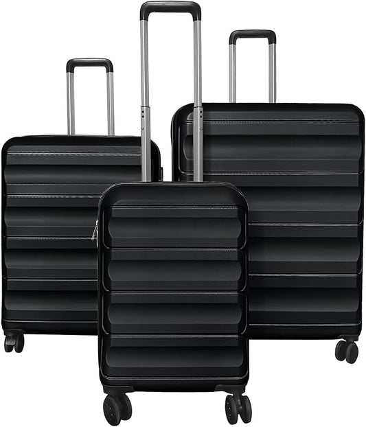 GYMAX Luggage Sets 3 Pieces Hardside Suitcase with Spinner Wheels & Lock, 20” Carry On, 24” & 28” Checked Luggage Set, Lightweight Portable for Travel, Business (Black,Wide Stripe)