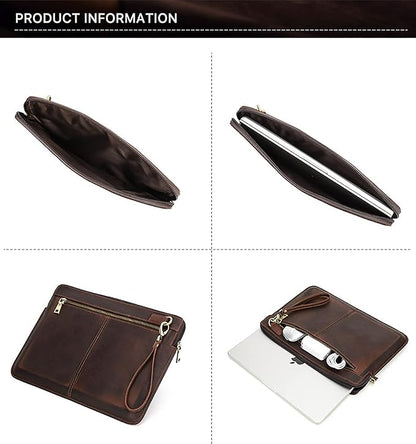 Top Grain Leather 14.2" Laptop Case Bag, Zip Pockets Design, Compatible with MacBook Air 13" M2 A2681 M1 A2337 A2179 A1932/Pro 13" M2 M1 A2338 A2251 A2289 A2159 A1989 A1706, Coffee 14.2 Inch