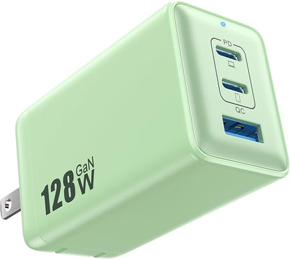 128W USB C Wall Charger,GaN III 3-Port Fast Charging Station,PD QC Foldable Charger Block Portable 65W Laptop Adapter for MacBook Pro/Air,iPad Pro,Galaxy S23,Dell XPS 13,iPhone 17/16/Pro etc