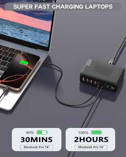 USB C Charger Block, 200W 8 Port USB C Charging Station, GaN Type C & A Charger Fast Charging Desktop Hub PD Block Laptop Adapter for Apple iPhone Air 17 16 15,iPad Pro/Air/Mini,MacBook Pro/Air,Galaxy