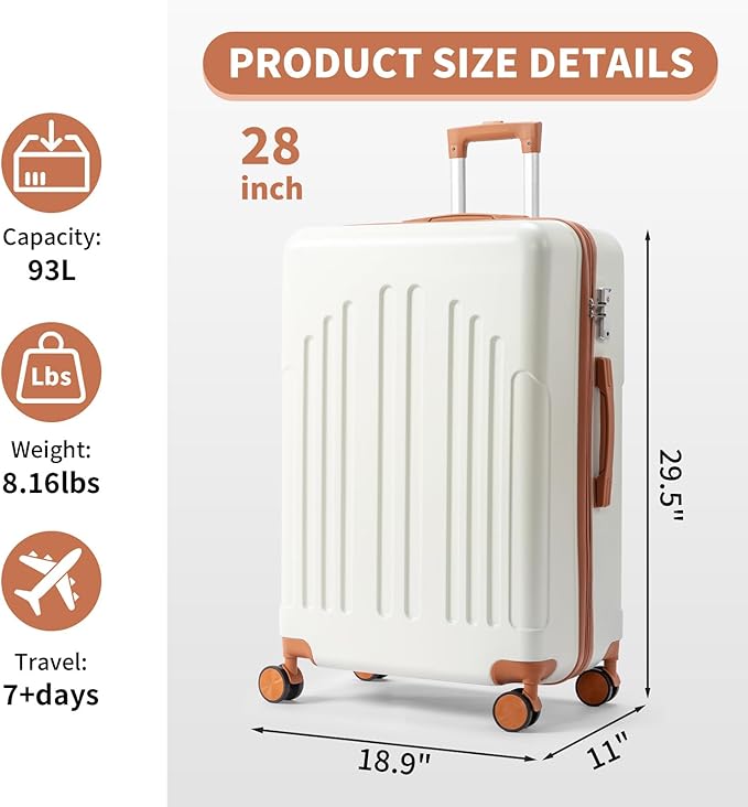 Karl home 28 Inch Check-in Luggage with Spinner Wheels, ABS Hardshell Checked Suitcase with TSA Lock, Durable Large Suitcase Rolling Luggage for Men Women, White & Brown