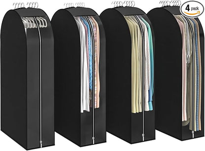 Black Garment Bags for Hanging Clothes 4 Packs, 10“ Gusseted and 32" Clothes Protectors for Hanging Clothes for Closet, Shirts, Coats, Dresses