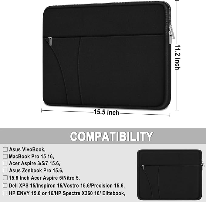 Laptop Sleeve Case 15.6 inch, Shockproof Protective Carrying Briefcase Computer Bag with Zippered Pocket, Slim Traveling Laptop Cover Compatible for HP, Dell, Asus, Lenovo, Notebook, Black