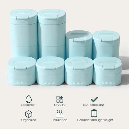 GIGIGO Magnetic Travel Containers Pale Cyan Set, 8-Pack Leakproof Refillable Cosmetic Capsules (0.68/1.69/3.04 fl oz) for Toiletries, Travel Size Jars with Lids & Labels for Skincare, Creams, Lotion