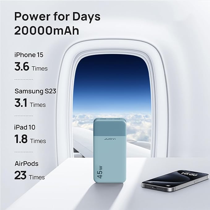 J2621 Power Bank Portable Charger,20000mAh 45W PD3.0 QC 4.0 Fast Charging Battery Pack with LED Display,2 USB-C,2 USB-A for iPhone Tablet MacBook