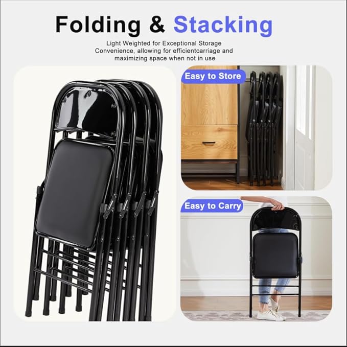 Folding Chairs 8 Pack, Portable Stackable Commercial Chair, Indoor Outdoor Padded Leather Chair with Sturdy Metal Frame, for Home, Office, or Party Events. (Black, 8 Pack)