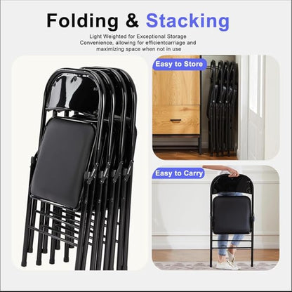 Folding Chairs 2 Pack, Portable Stackable Commercial Chair, Indoor Outdoor Padded Leather Chair with Sturdy Metal Frame, for Home, Office, or Party Events. (Black, 6 Pack)
