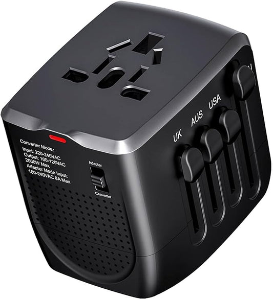 International Travel Adapter Voltage Converter Steps Down 220V to 110V for Cell Phones, Laptops, and Curling Irons, US to UK, Europe, Australia, and More Than 200 Countries