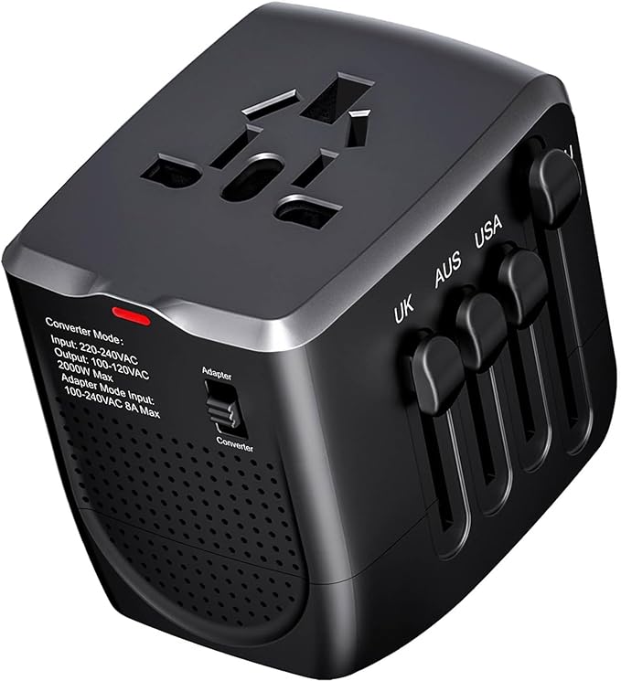 International Travel Adapter Voltage Converter Steps Down 220V to 110V for Cell Phones, Laptops, and Curling Irons, US to UK, Europe, Australia, and More Than 200 Countries(Black)
