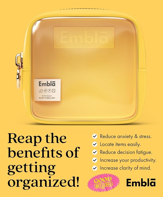 Embla London Makeup Bag Cosmetic Case, Clear Zipper Make Up Pouch and Toiletry Travel Tote, Cute Skincare Pouches for Women Girls, Preppy Purse Cosmetic Organizer, Mini Makeup Bags, Lemon