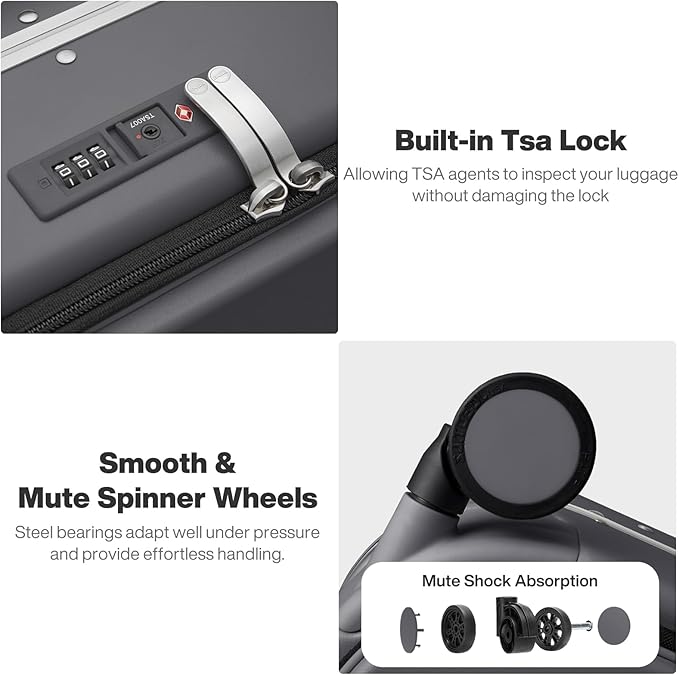 mixi 24 Inch Checked Luggage PC Hard Shell Suitcase Top Opening Aluminum Frame Travel Suitcases with Wheels, Rock Gray
