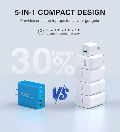 [60W/2Pack] Wall Charger, USB C Charger Block, 5-Port PD + QC 3.0 Fast Charging Power Plug Adapter Brick for Watch Series 10 9 8 7, for iPhone 17 16 15 14 13 Pro Max Airpod, Samsung Galaxy S25(Blue)