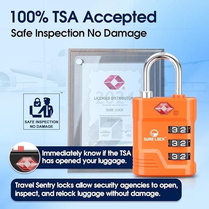 SURE LOCK TSA Locks for Luggage, TSA Approved Luggage Locks with Open Alert, 008 Key for High Security, Easy Read Dials, Zinc Alloy Body, Locker Lock for Suitcase, Gym, Travel. (Orange 4 pk)