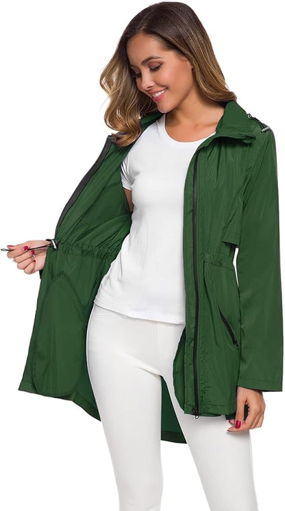Avoogue Women's Long Raincoat with Hood Outdoor Lightweight Windbreaker Rain Jacket Waterproof