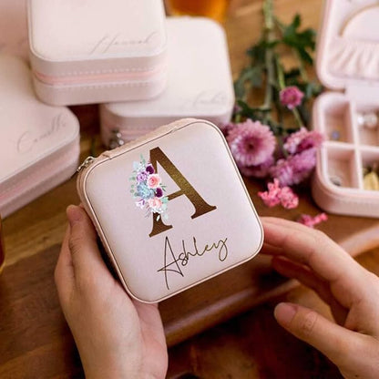 DayOfShe Personalized Bridesmaid Gifts-Travel Jewelry Box for Bachelorette Party Gifts-Leather Initial Floral Jewelry Organizer for Maid of Honor Gift for Bridesmaids