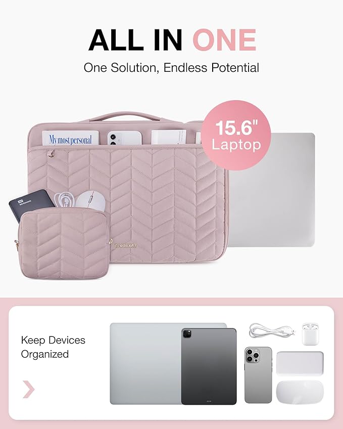 BAGSMART 15-15.6 Inch Laptop Case Sleeve for Women, Puffy Shockproof Laptop Bag with Accessories Pouch and Handle, Lightweight Computer Case Compatible with Dell, HP, MacBook Air/Pro, Dusty Pink