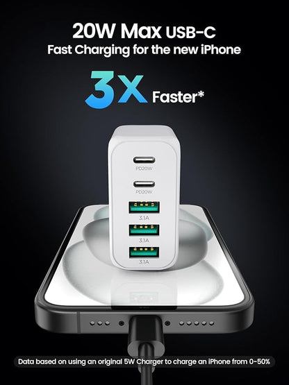 USB C Charger Block,50W 5-Port Fast Wall Charger,Dual Type-C & USB-A Multiport Charging Cube for iPhone 17/16/15/14/13 Pro Max,iPad,Samsung Galaxy–2 Pack,White