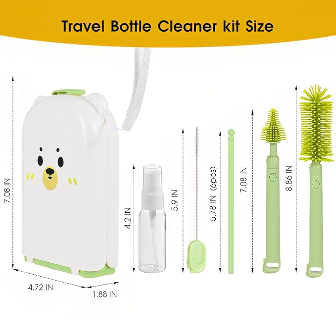 Portable 7-in-1 Baby Bottle Brush Set, Travel Cleaner Kit for Travel and Home, All-in-One Travel Baby Bottle Washing Kit: Integrated Cleaning & Drying System for Bottles and Breast Pump Parts (Green)