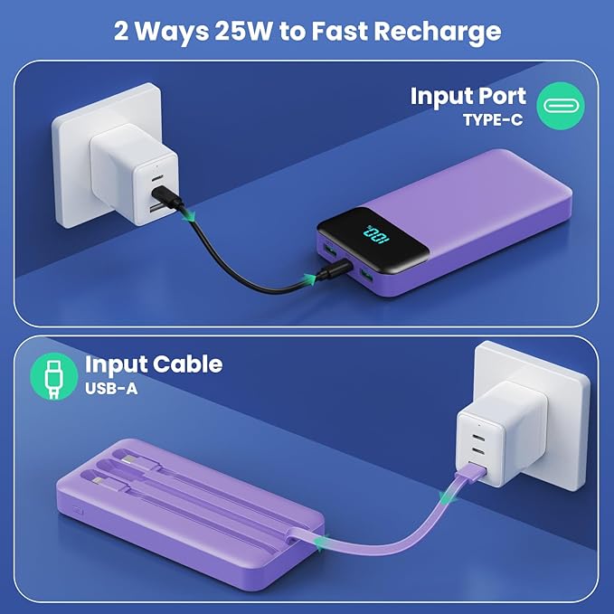 Portable Charger 40800mAh Power Bank with 3 Built-in Cables,PD 25W USB C in&Out Power Bank Fast Phone Charging,QC4.0 5 Output Travel Camping Essential Battery Pack for iPhone 17/16,Samsung etc-Purple