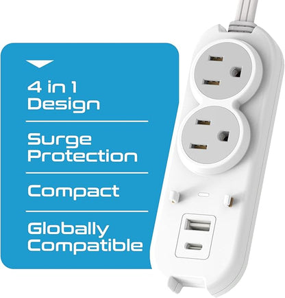 Ceptics Travel Power Strip W/ Adapter Plug Set - Equipped with USB, Type C for iPhone, Chargers, Cell Phones, Laptop - Plugs for Europe, Asia, China, USA, Africa, South America PS-2U