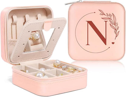 SANDJEST Personalized Jewelry Box, Pink Small Travel Jewelry Box with Initial N, Monogrammed Jewelry Case Organizer for Girls Women Teen, Mini Travel Essentials Gifts for Christmas Birthday