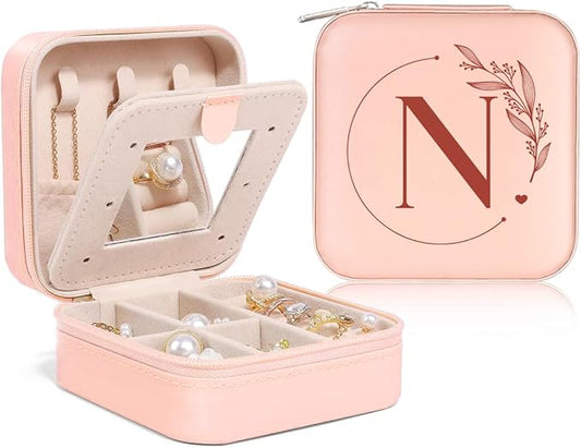 SANDJEST Personalized Jewelry Box, Pink Small Travel Jewelry Box with Initial N, Monogrammed Jewelry Case Organizer for Girls Women Teen, Mini Travel Essentials Gifts for Christmas Birthday