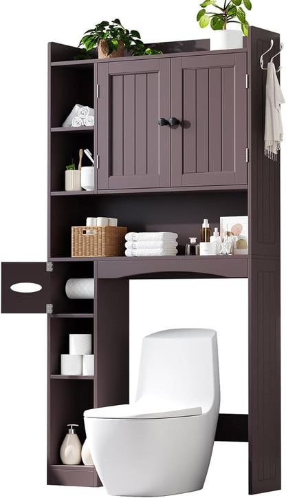 Gizoon Over The Toilet Storage Cabinet, Over Toilet Bathroom Organizer with Adjustable Shelves and 2 Doors, Over Toilet Storage Cabinet with Paper Holder, 2 Side Hooks, Space-Saver, Dark Brown