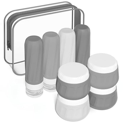 Travel Size Toiletries 8 Pack, TSA Approved 3oz Silicone Squeeze Bottles & Cream Jars with Clear Travel Bag